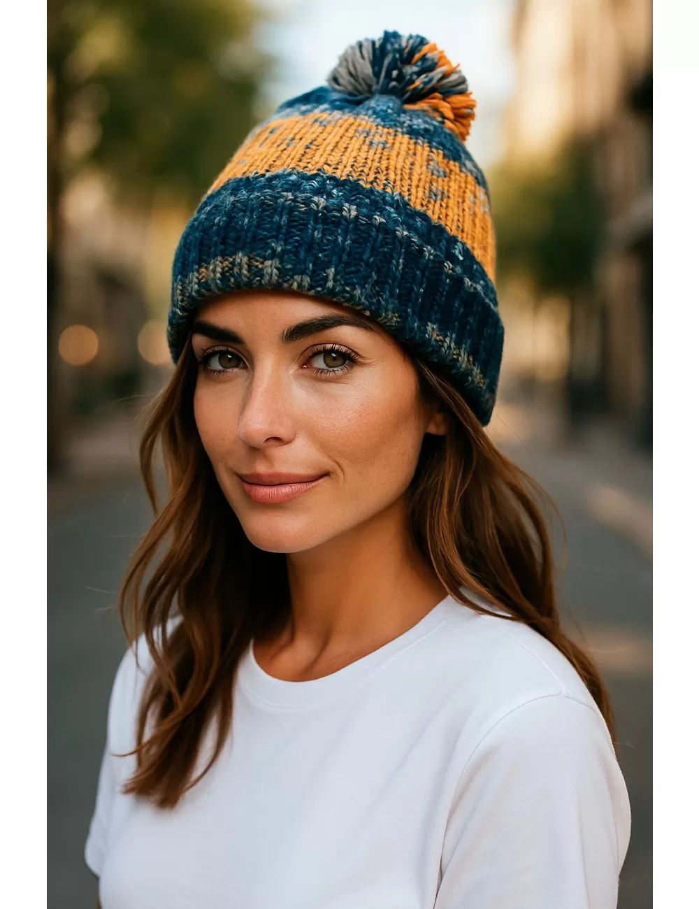 SF-128 : Wool Printed Beanie Bobble Hat