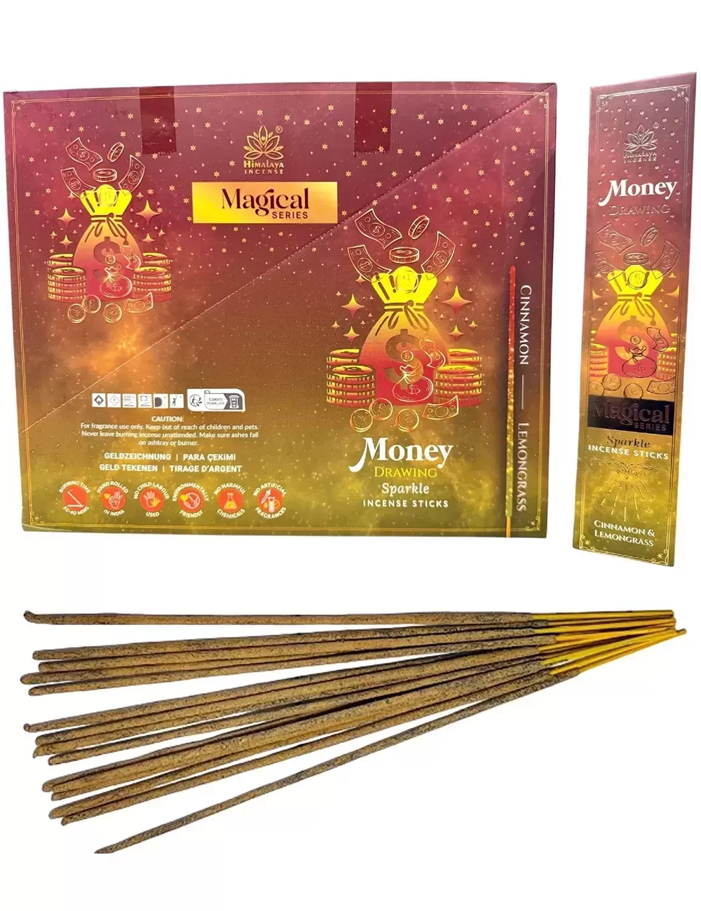 Himalaya - Magical Combination Series - Money Drawing Sparkle Incense - Cinnamon & Lemongrass - 12 Packets Of 12 Sticks Each