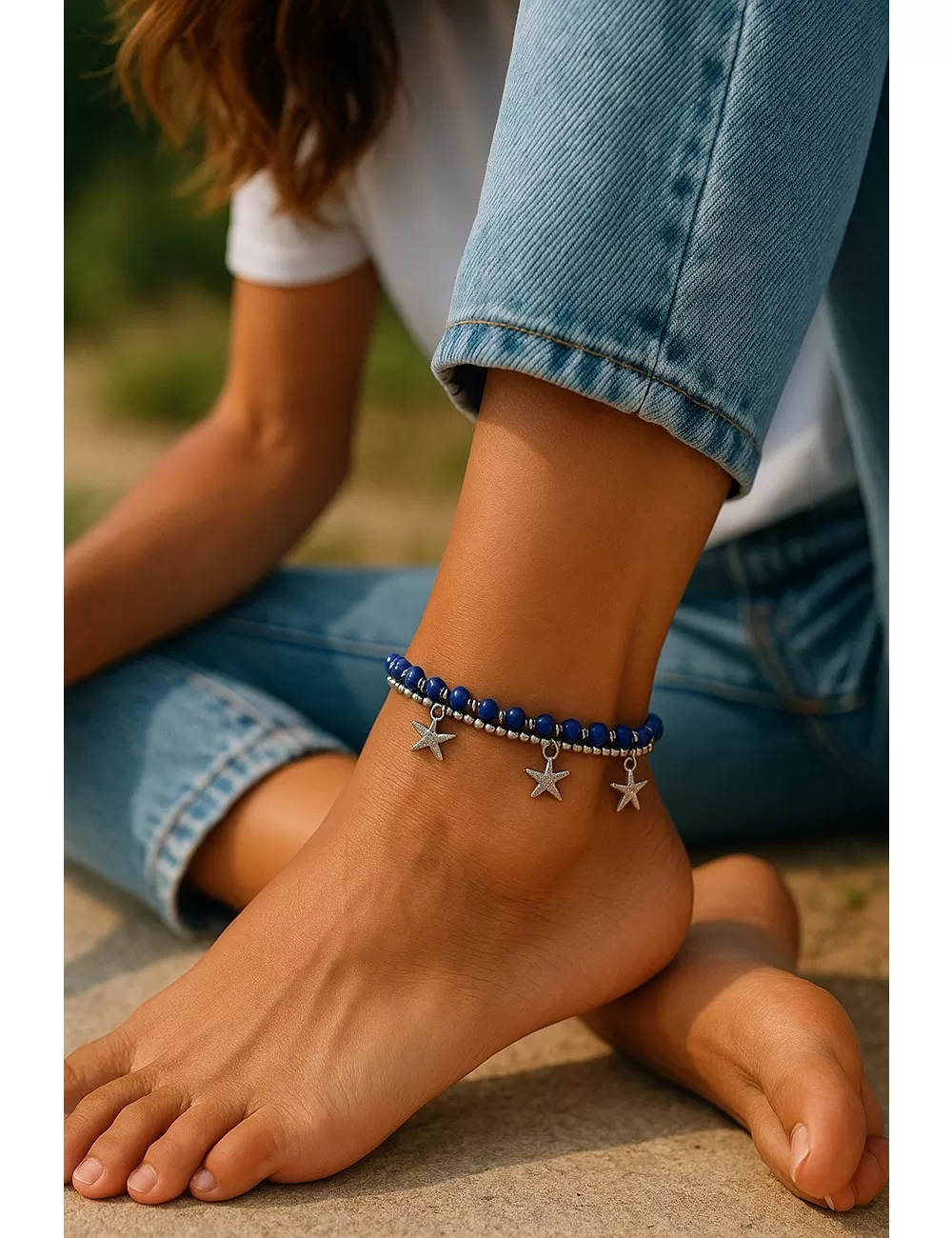 Natural Stones & Brass Double Layer Sea Star Anklet: Assorted Colors (Gold, Silver)
