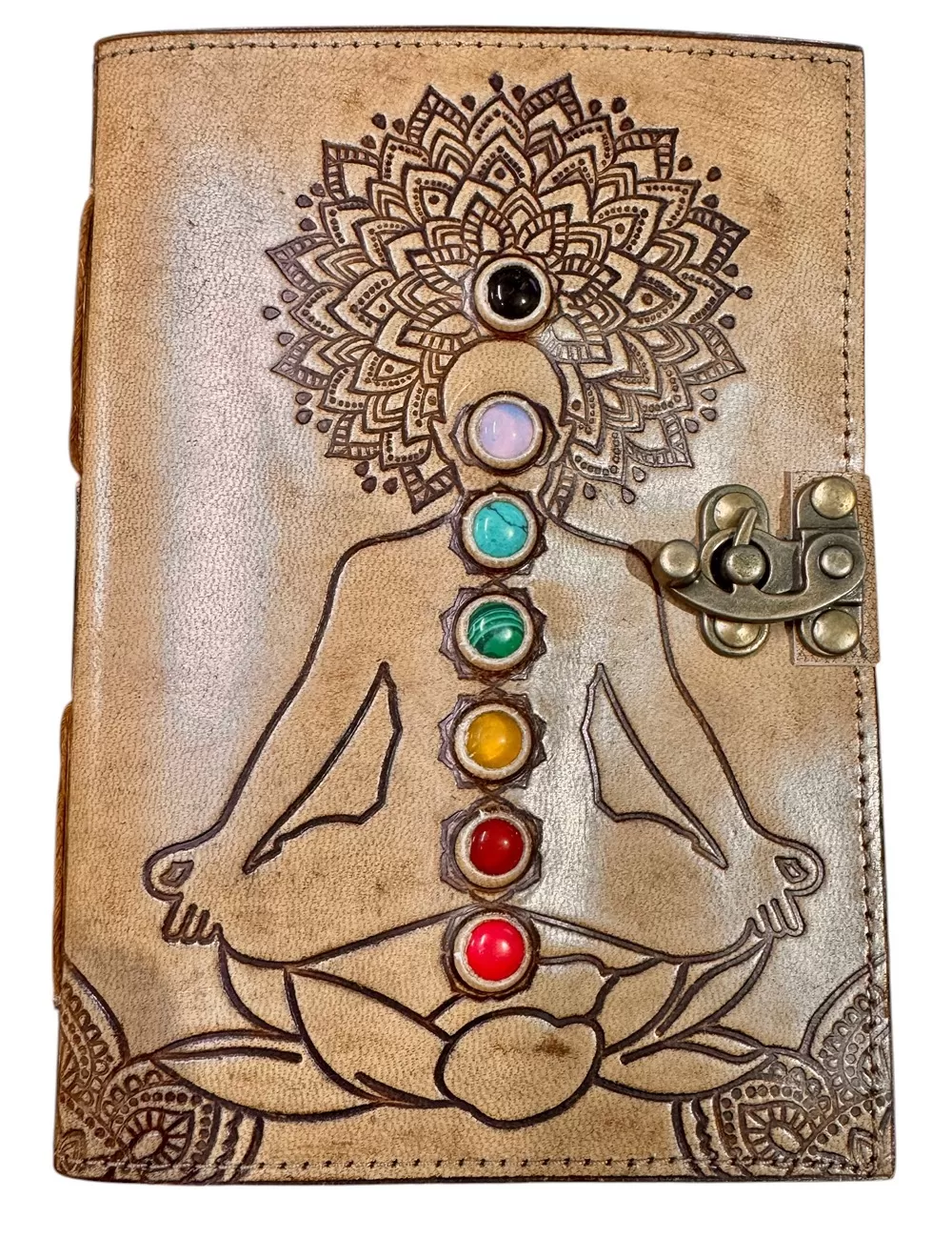 RLD-20 : Buddha in Tree of Life Embossed Leather Latch Up Diary With Gemstones : 13X18 cms