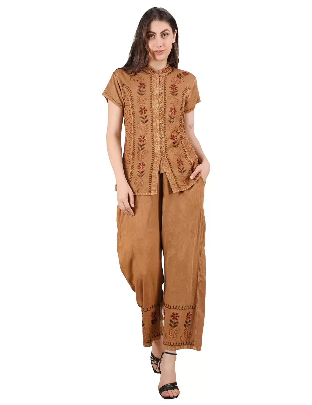 D-21 : Boho Embroidered Top & Trousers Set