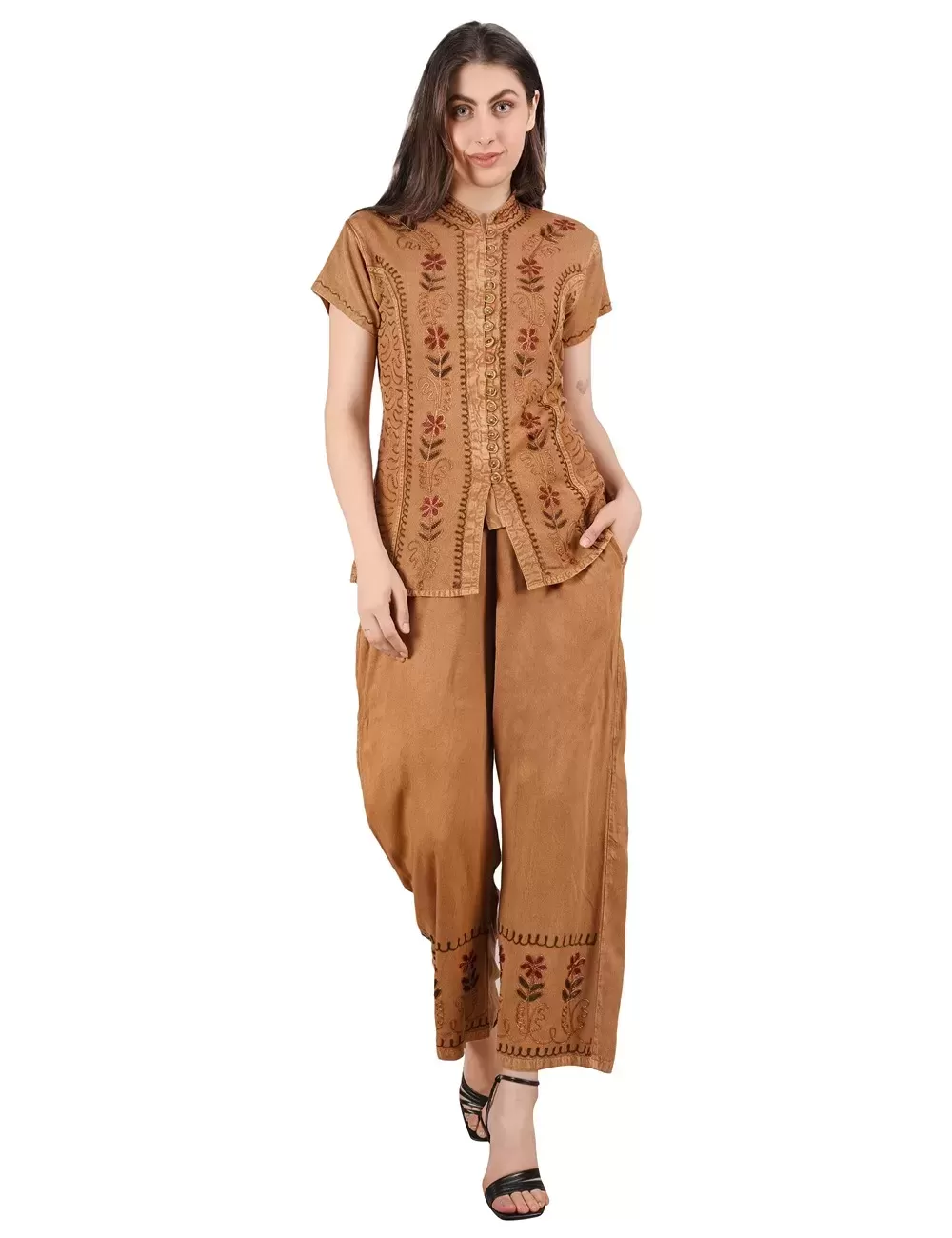 D-21 : Boho Embroidered Top & Trousers Set