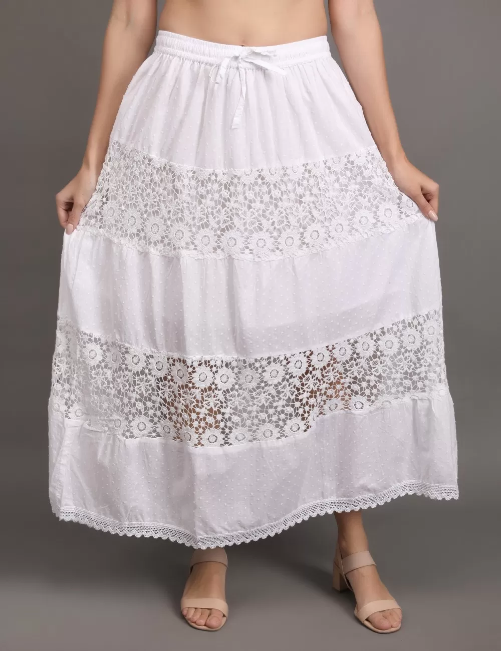 M-06 : White Embroidered Tiered Maxi Skirt