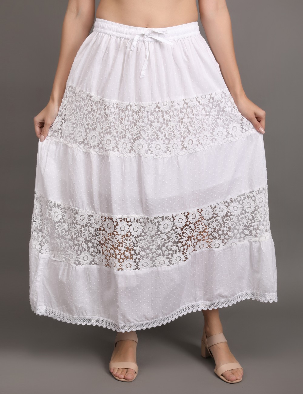 M-06 : White Embroidered Tiered Maxi Skirt