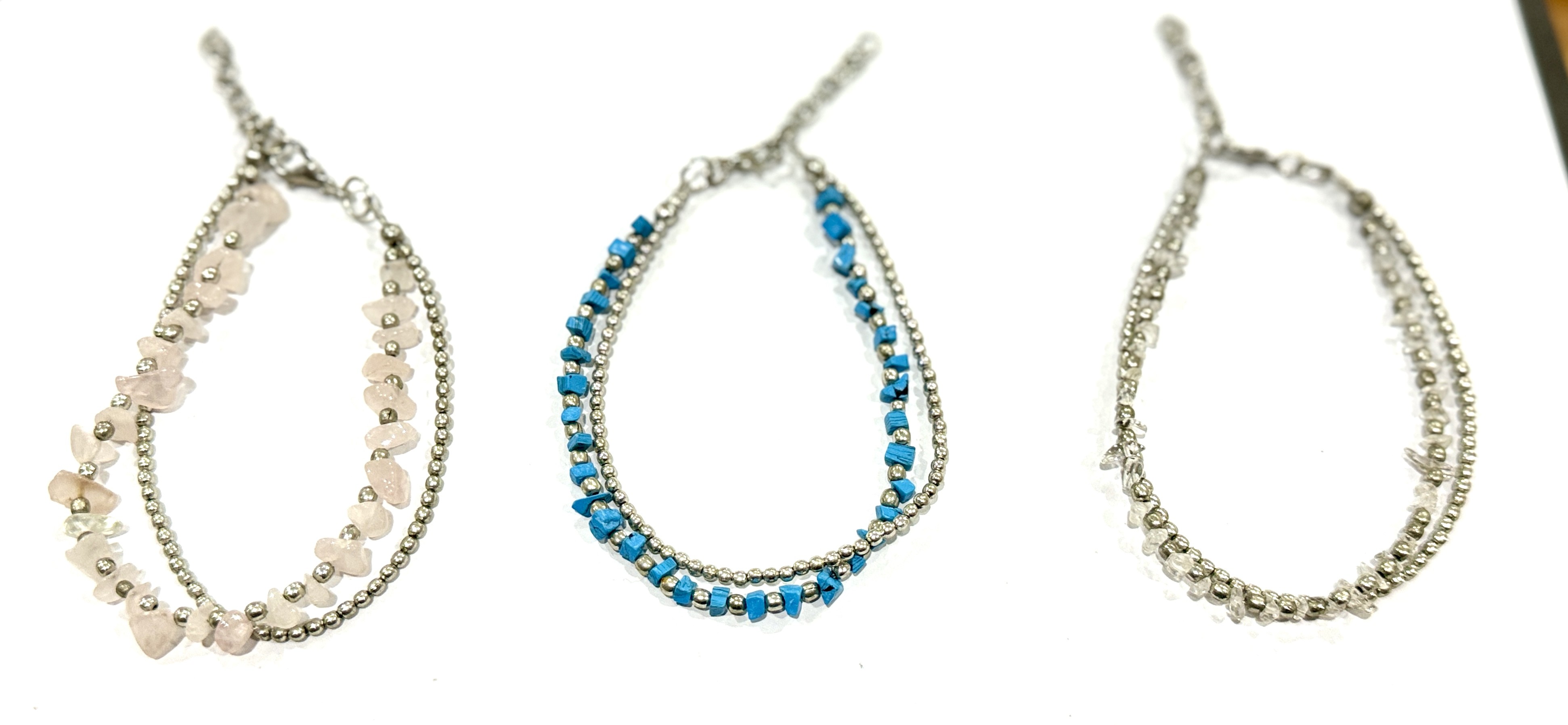 GAA-5 : Natural Stones & Brass Double Layer Anklet: Assorted Colors (Gold, Silver)