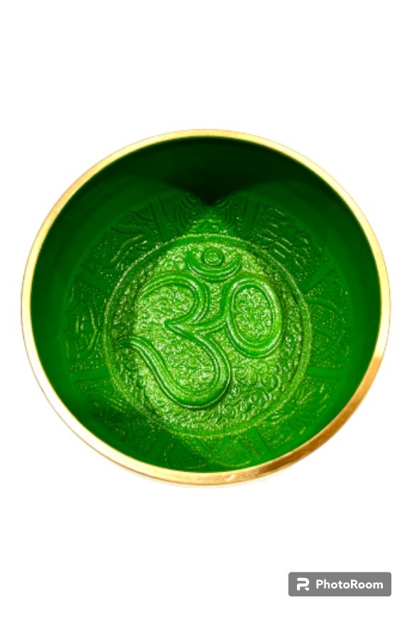 Brass Singing Bowl with Stick - 10.5 cm - Green Color - Assorted Designs