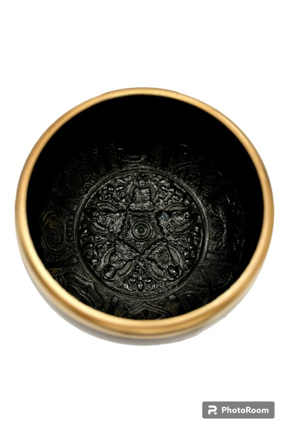 Brass Singing Bowl with Stick - 10.5 cm - Black Color - Assorted Designs