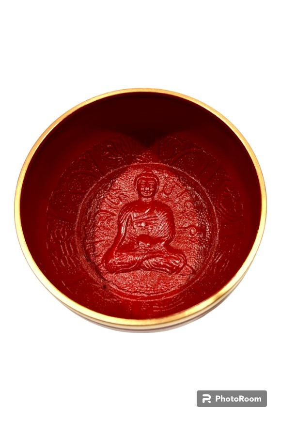 Brass Singing Bowl with Stick - 10.5 cm - Red Color - Assorted Designs