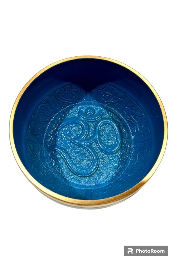 Brass Singing Bowl with Stick - 10.5 cm - Blue Color - Assorted Designs