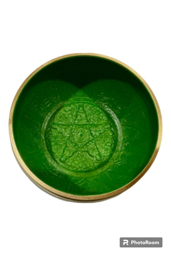 Brass Singing Bowl with Stick - 12 cm - Green Color - Assorted Designs