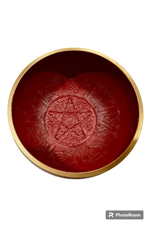 Brass Singing Bowl with Stick - 12 cm - Red Color - Assorted Designs