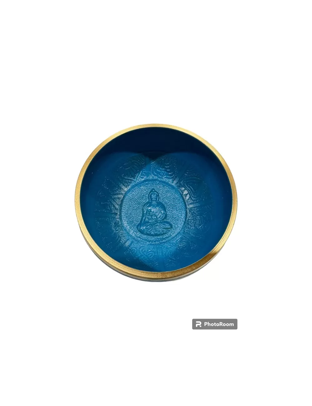 Brass Singing Bowl with Stick - 14 cm - Blue Color - Assorted Designs