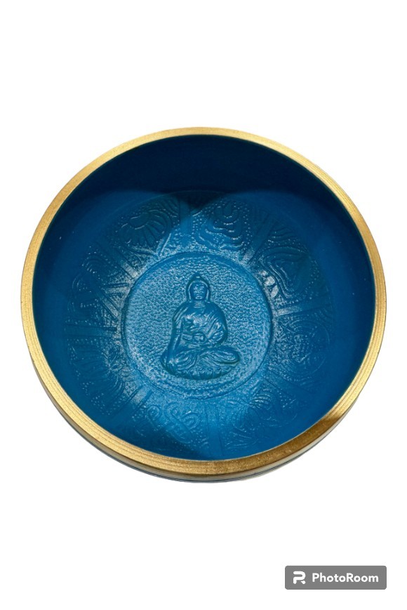 Brass Singing Bowl with Stick - 14 cm - Blue Color - Assorted Designs