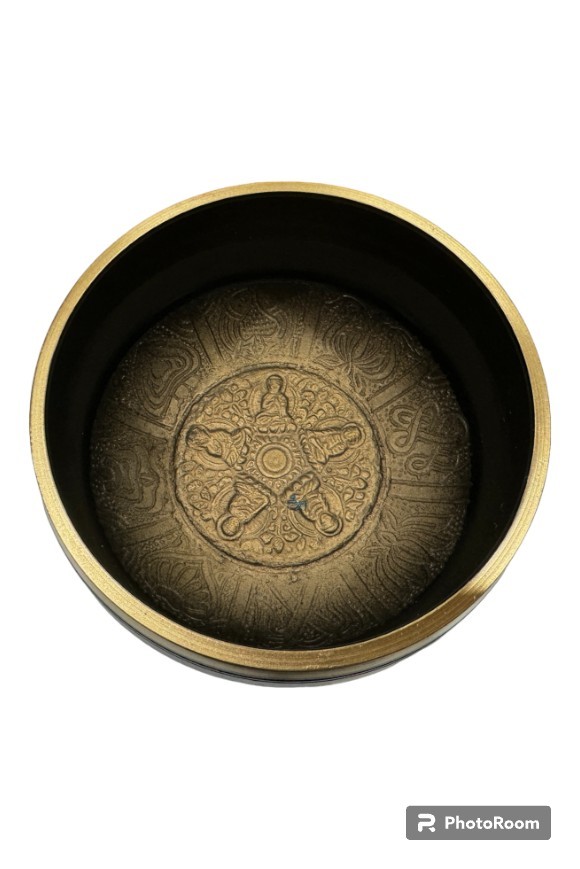 Brass Singing Bowl with Stick - 14 cm - Black Color - Assorted Designs