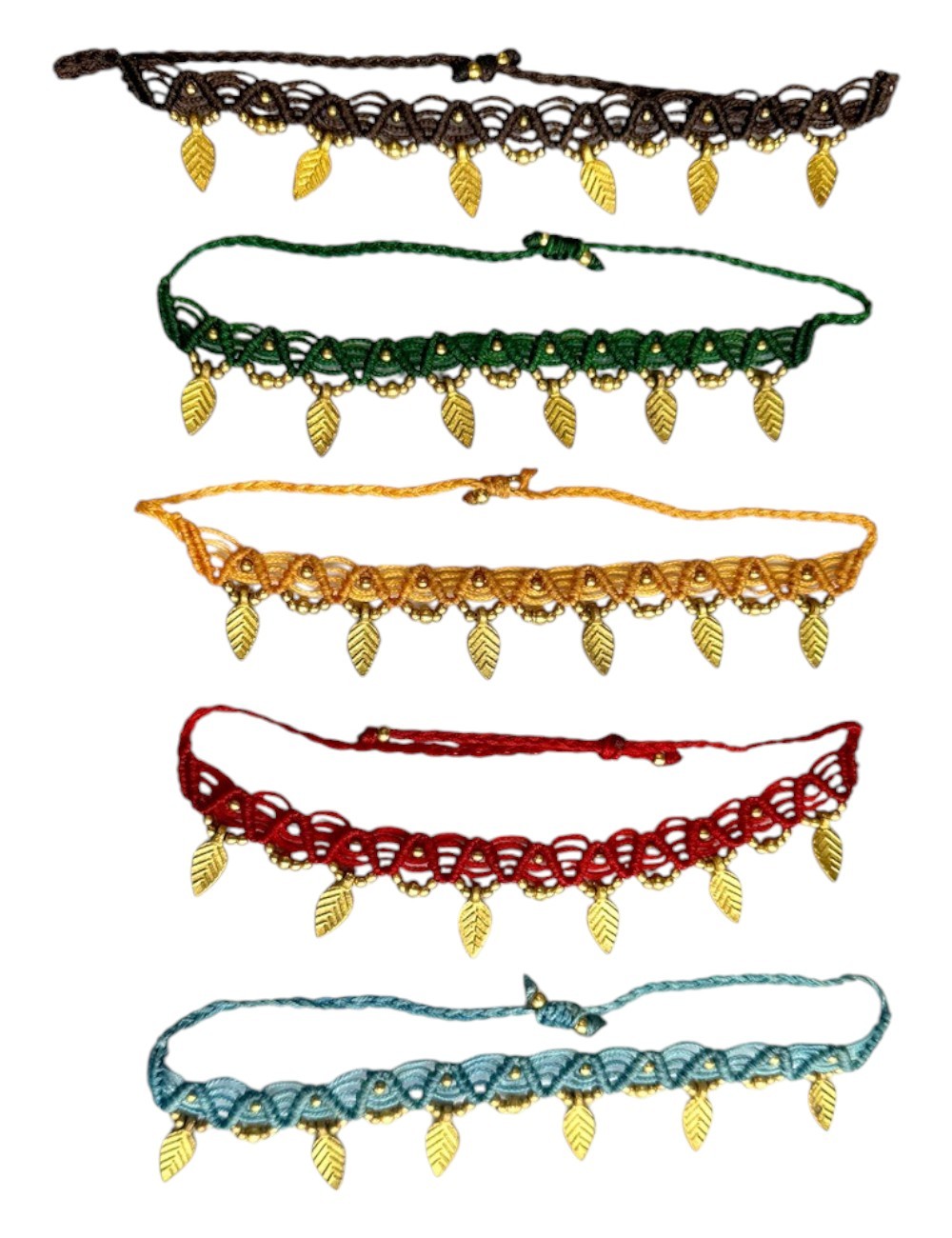 KAJ-1 : Macrame Anklet with Brass Beads: Leaf