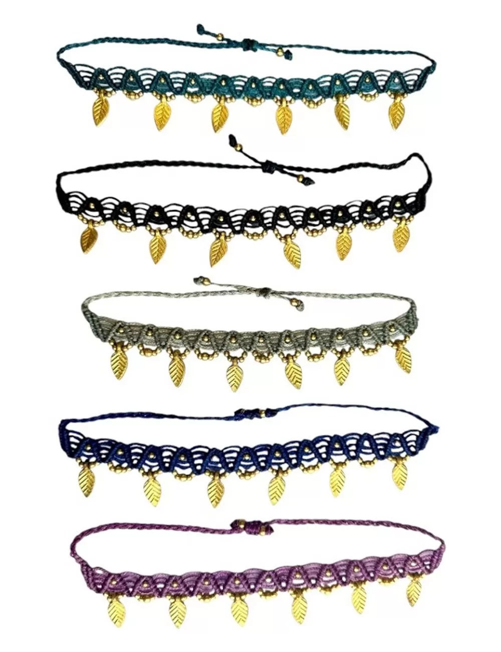 KAJ-1 : Macrame Anklet with Brass Beads: Leaf