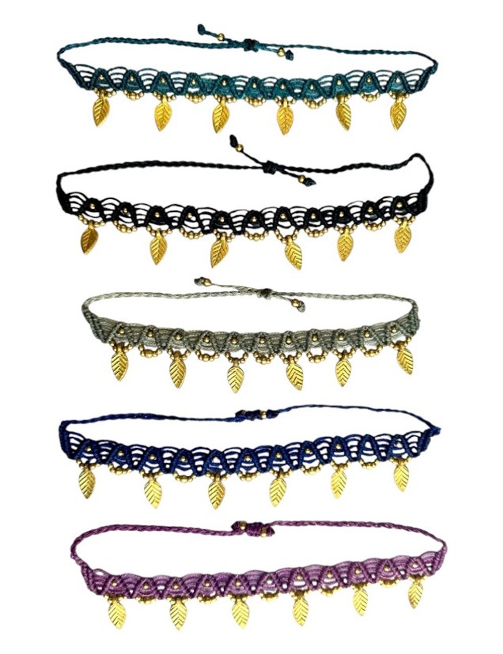 KAJ-1 : Macrame Anklet with Brass Beads: Leaf