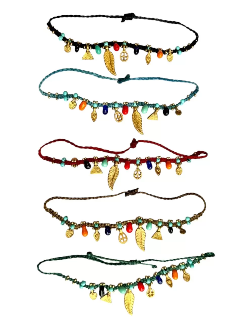 KAJ-5 : Macrame Anklet with Brass Beads: Colorful