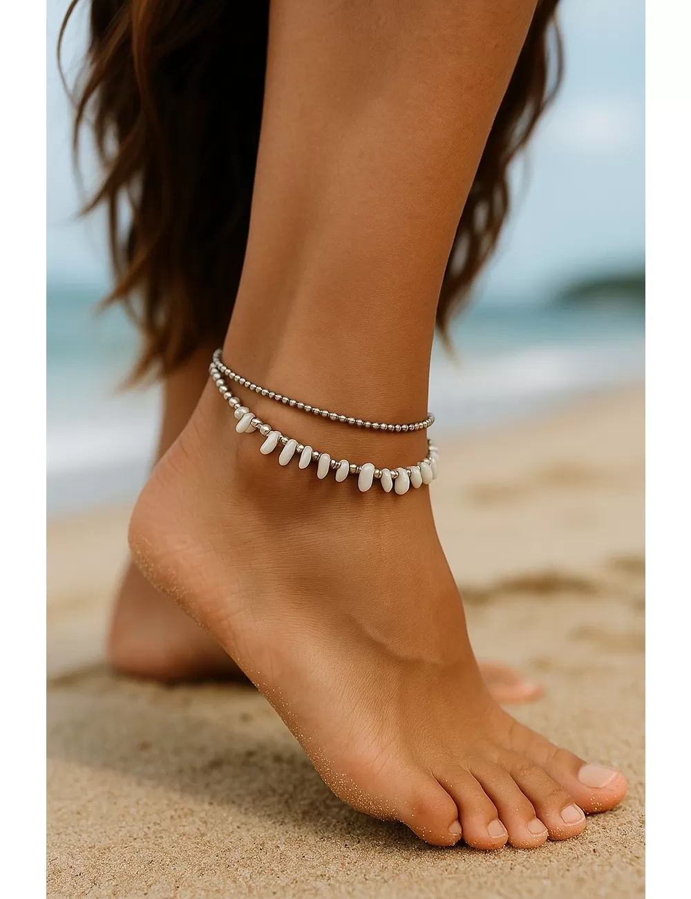 GAA-5 : Natural Stones & Brass Double Layer Anklet: Assorted Colors (Gold, Silver)