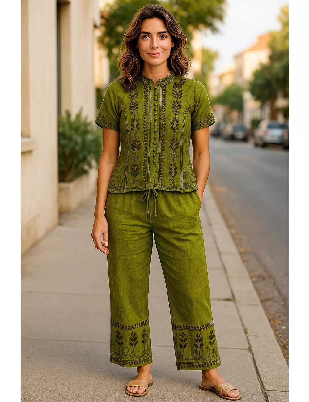 D-21 : Boho Embroidered Top & Trousers Set