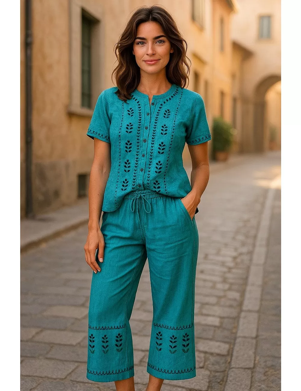 D-21 : Boho Embroidered Top & Trousers Set