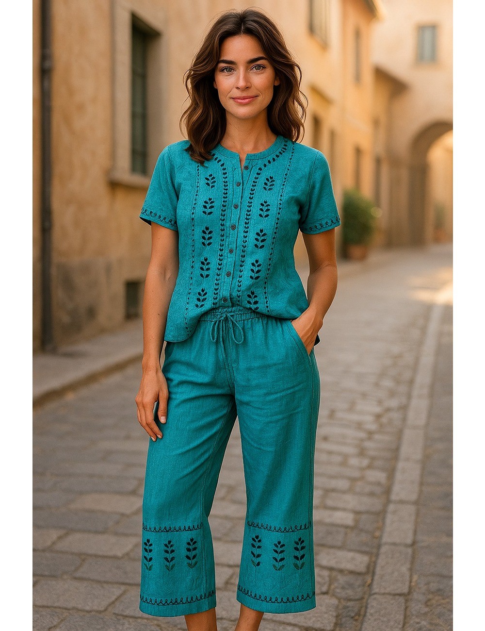 D-21 : Boho Embroidered Top & Trousers Set