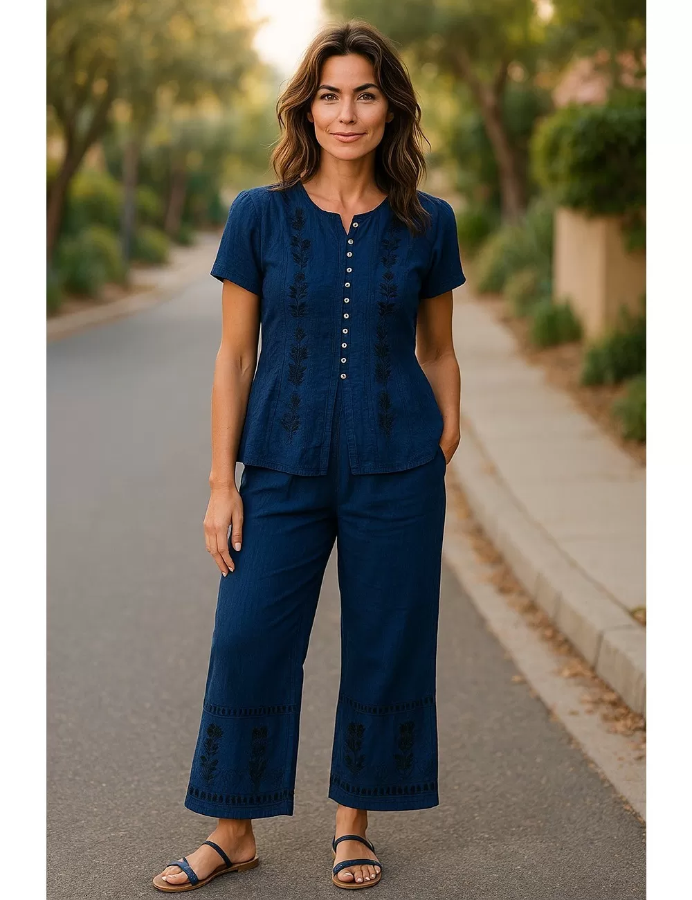 D-21 : Boho Embroidered Top & Trousers Set