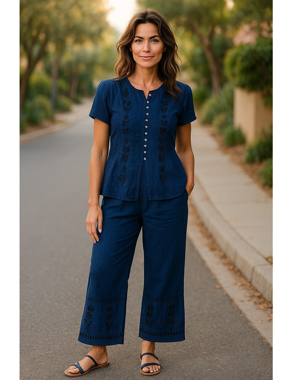 D-21 : Boho Embroidered Top & Trousers Set