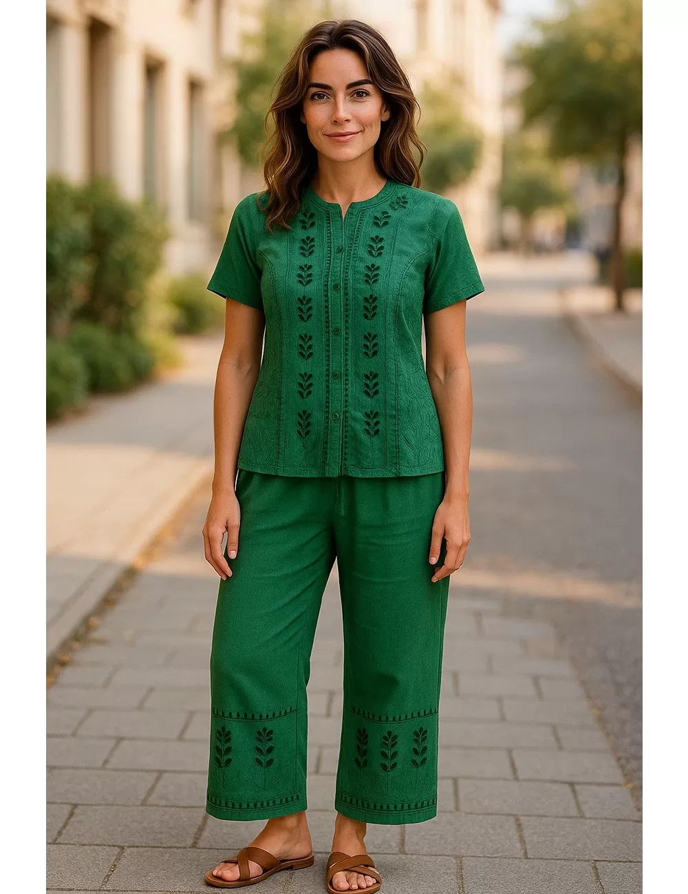 D-21 : Boho Embroidered Top & Trousers Set
