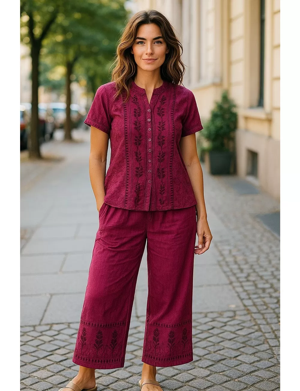 D-21 : Boho Embroidered Top & Trousers Set