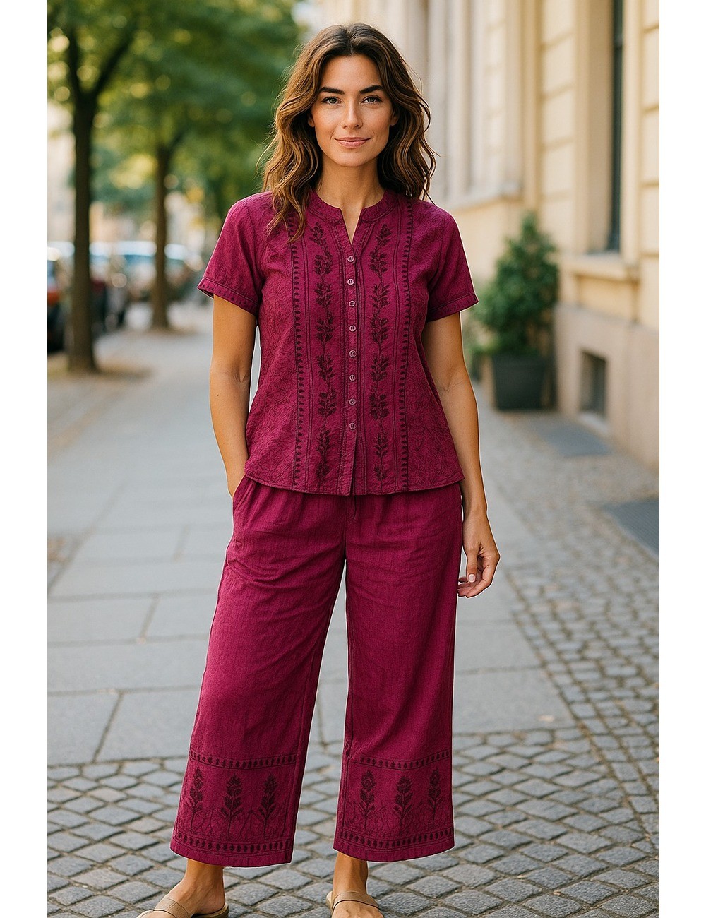 D-21 : Boho Embroidered Top & Trousers Set