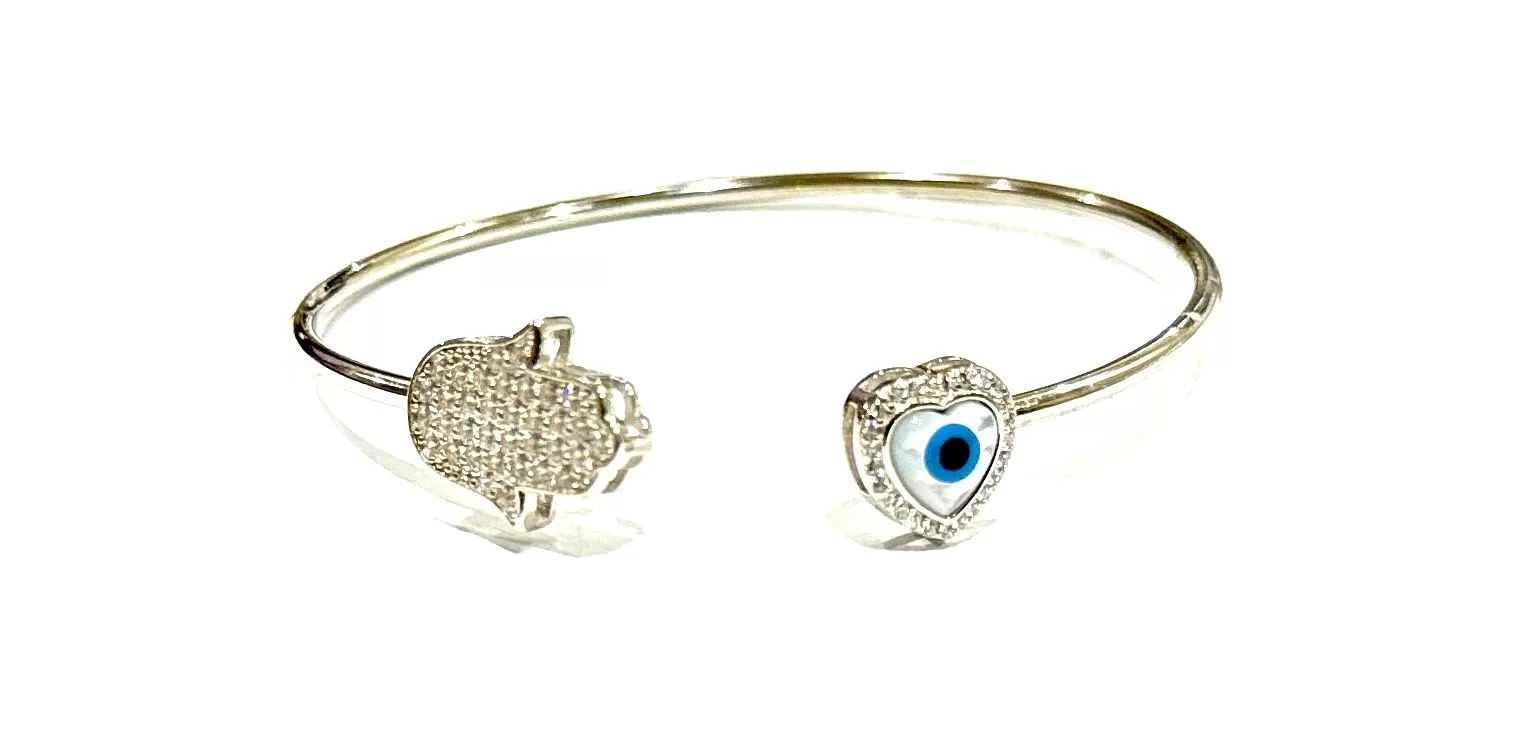 Sterling Silver Evil Eye Bracelet with Hamsa & Heart