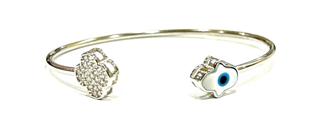 Sterling Silver Hamsa Shaped Evil Eye Bracelet