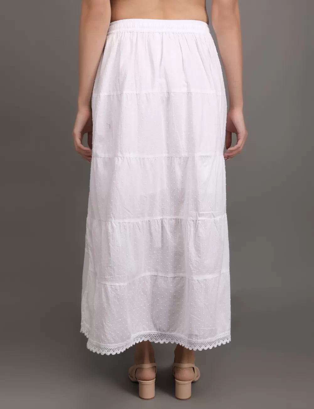 M-06 : White Embroidered Tiered Maxi Skirt