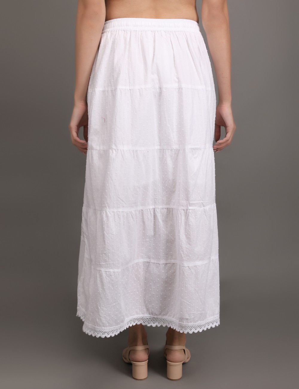 M-06 : White Embroidered Tiered Maxi Skirt