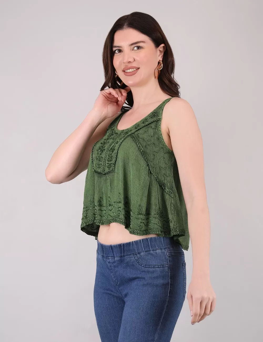 PE-18 : Acid Wash Embroidered Crop Top