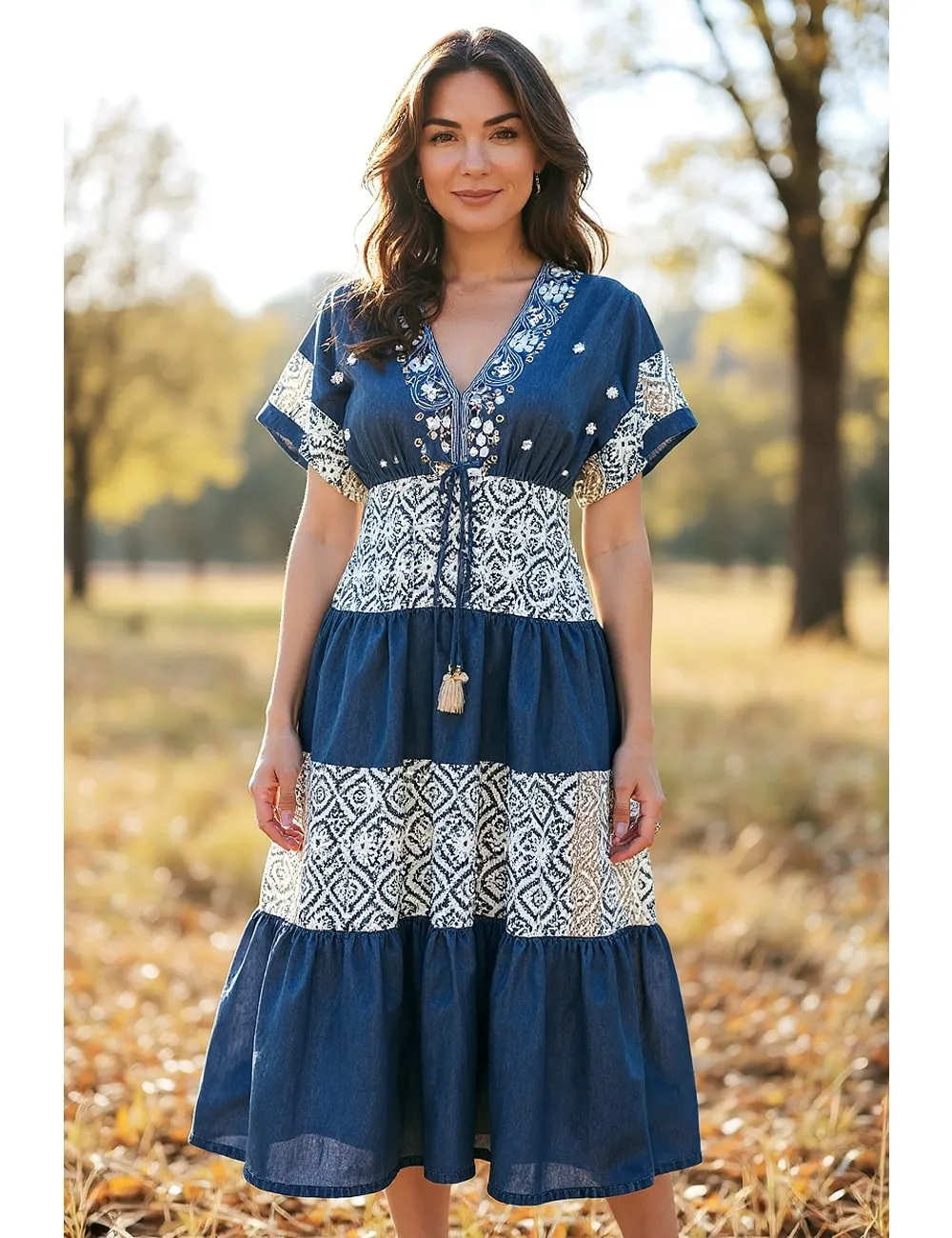 BB-11 : V-Neck Lace Trim Maxi Dress : Assorted Prints & Colors