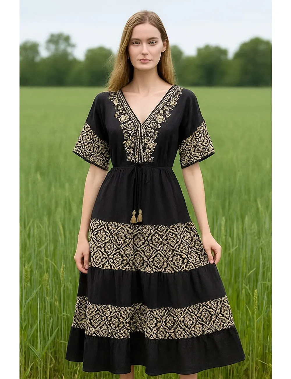 BB-11 : V-Neck Lace Trim Maxi Dress : Assorted Prints & Colors
