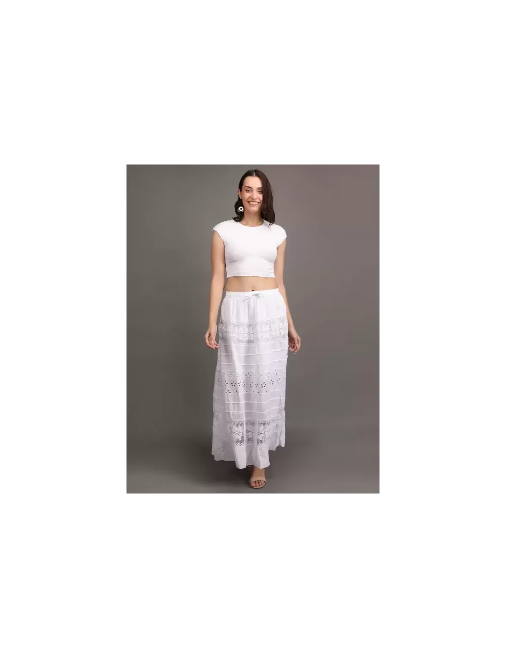 M-05 : White Embroidered Lace Maxi Skirt