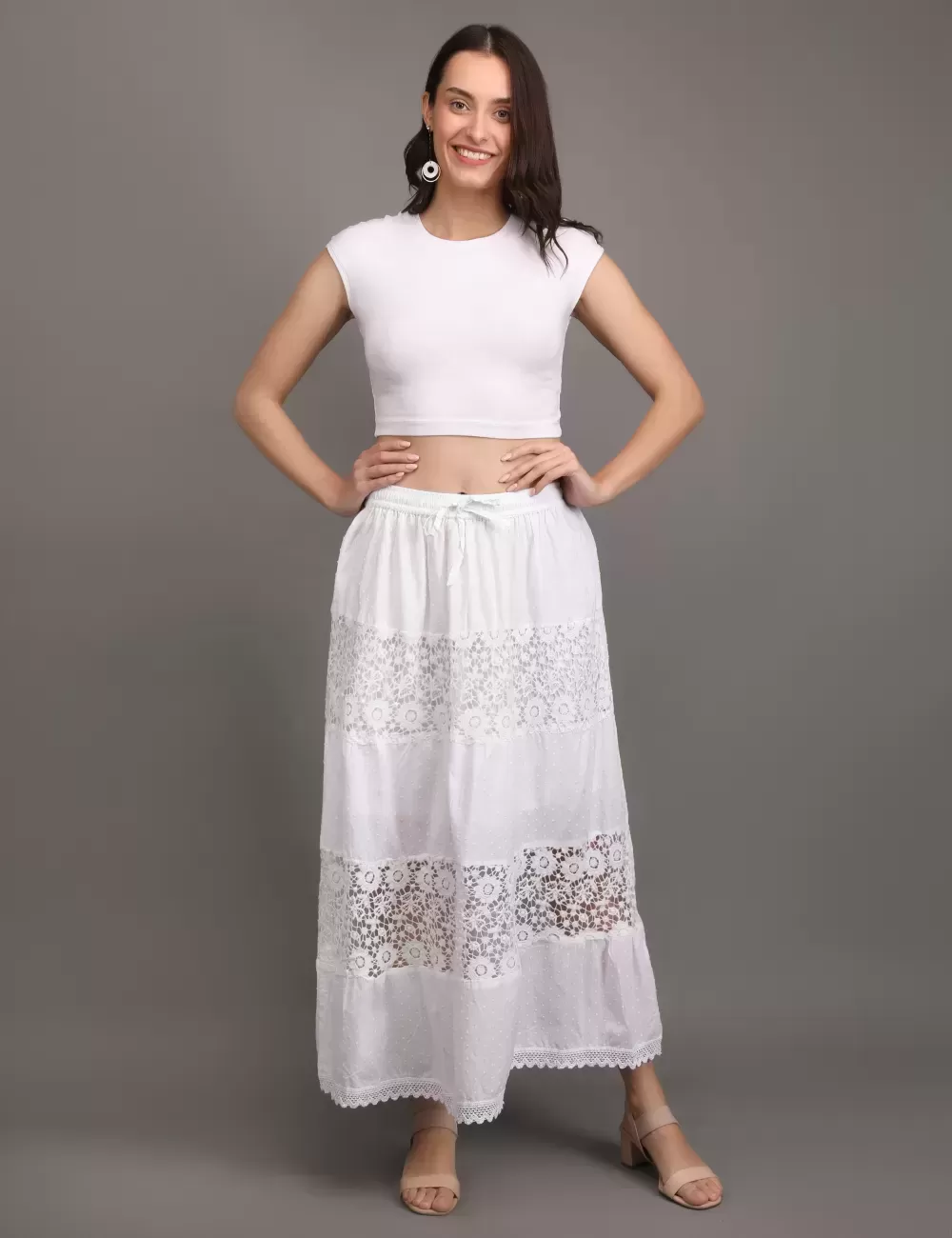 M-06 : White Embroidered Tiered Maxi Skirt