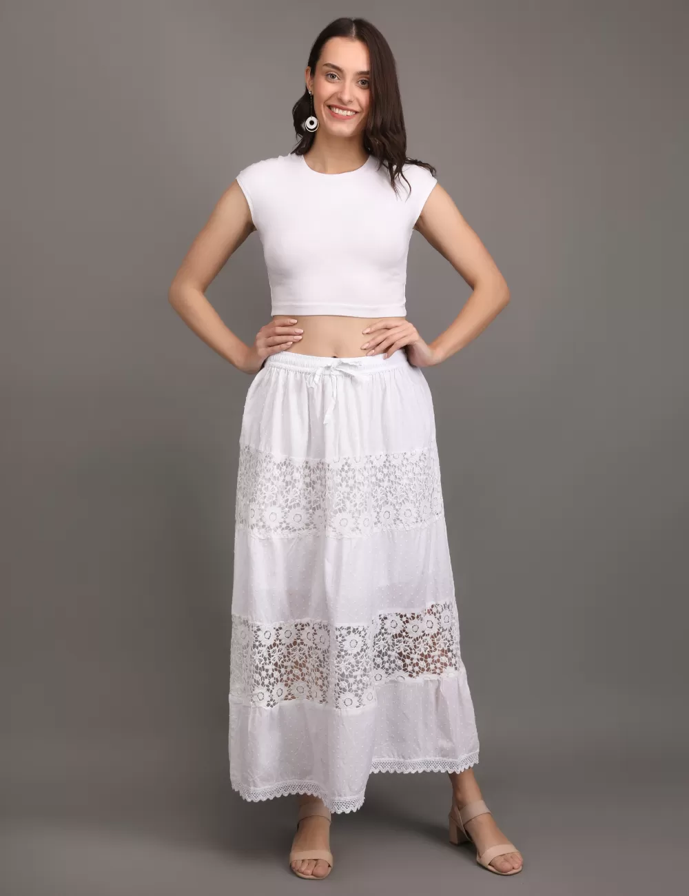 M-06 : White Embroidered Tiered Maxi Skirt