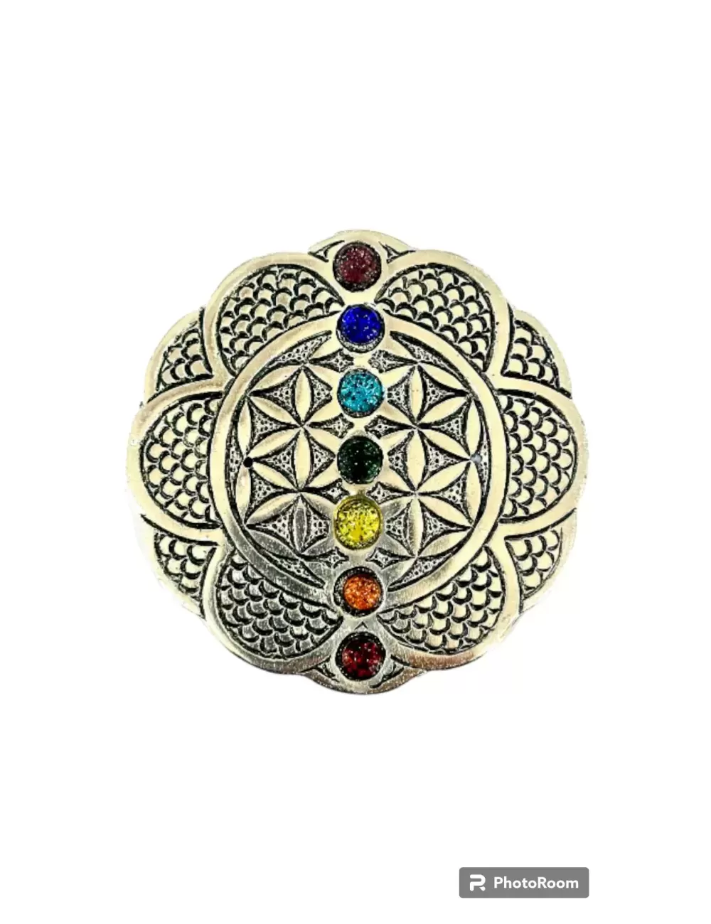 Aluminum Incense Burner - Flower of Life with 7-Chakra Beads
