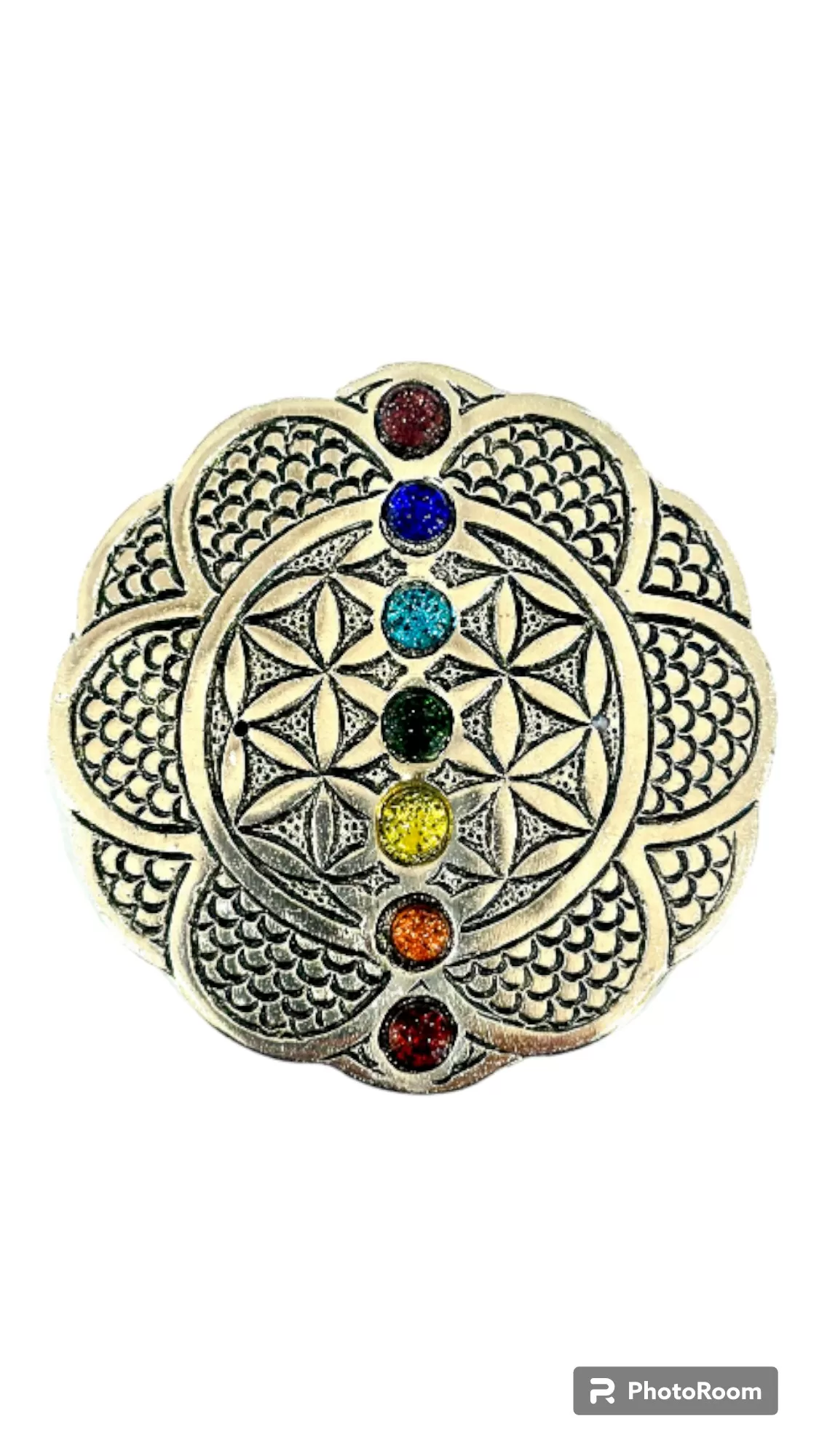 Aluminum Incense Burner - Flower of Life with 7-Chakra Beads
