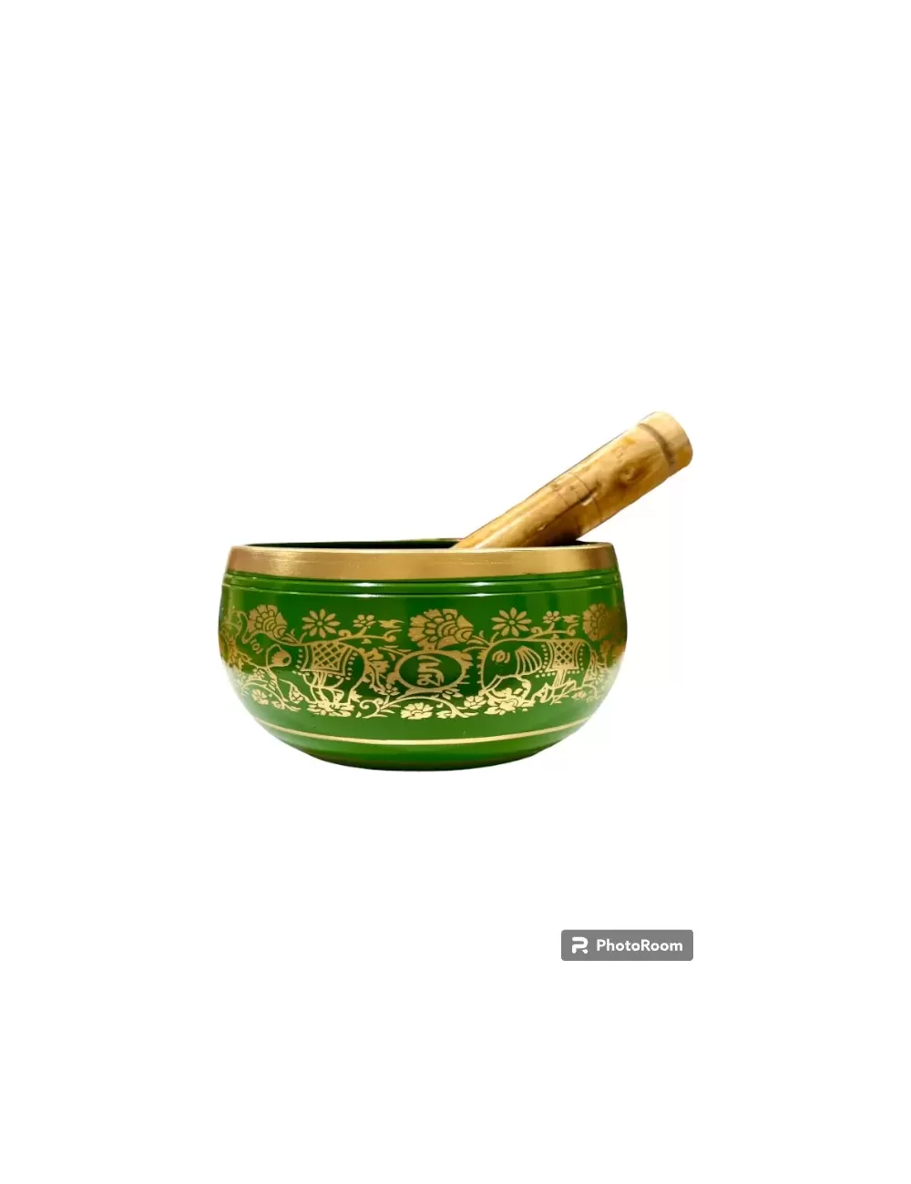 Brass Singing Bowl with Stick - 10.5 cm - Green Color - Assorted Designs