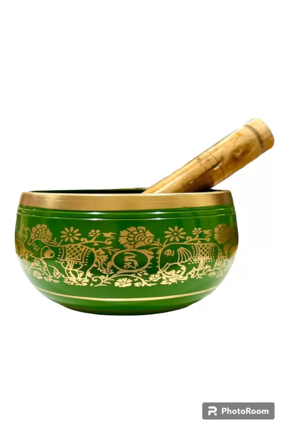 Brass Singing Bowl with Stick - 10.5 cm - Green Color - Assorted Designs