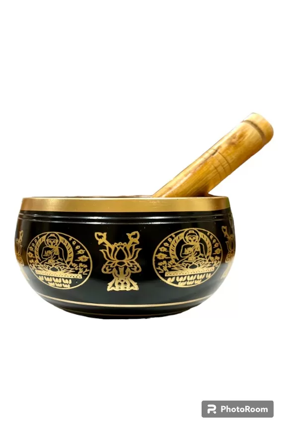 Brass Singing Bowl with Stick - 10.5 cm - Black Color - Assorted Designs