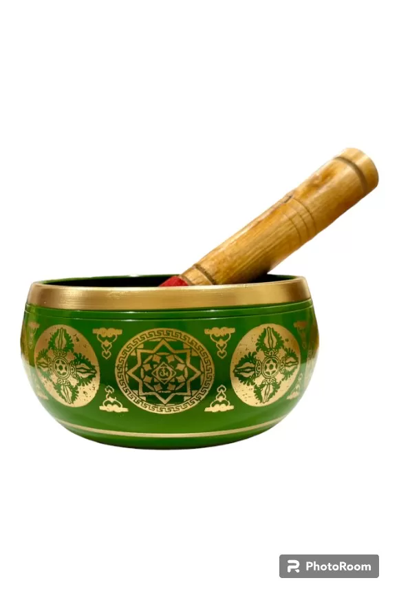 Brass Singing Bowl with Stick - 12 cm - Green Color - Assorted Designs