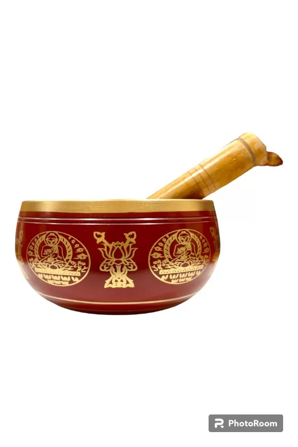 Brass Singing Bowl with Stick - 12 cm - Red Color - Assorted Designs