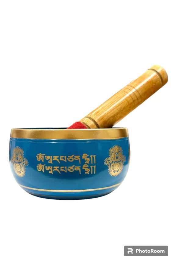 Brass Singing Bowl with Stick - 12 cm - Blue Color - Assorted Designs