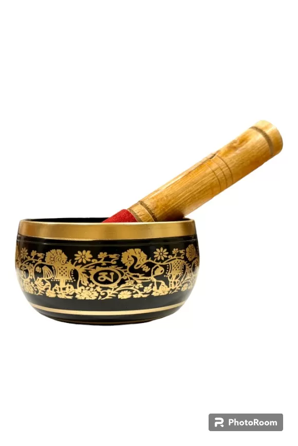 Brass Singing Bowl with Stick - 12 cm - Black Color - Assorted Designs